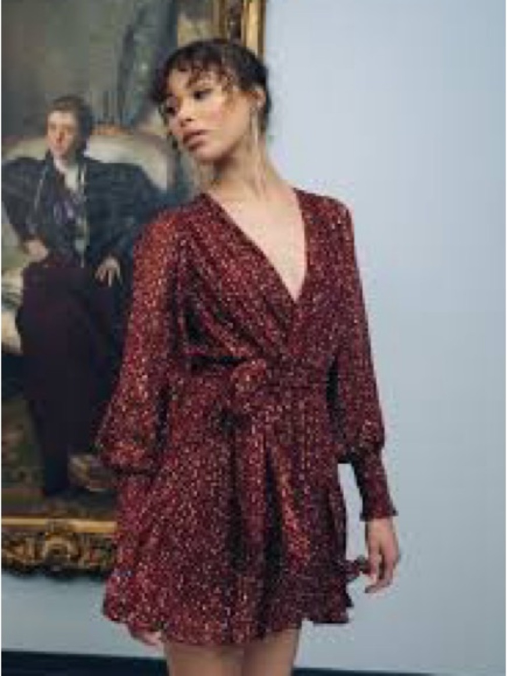 Jenny Yoo Red Metallic V-Neck Mini Dress